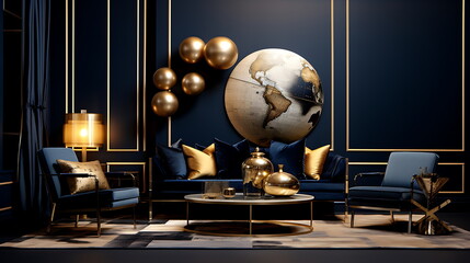 a large living room with lots of gold and blue, generative ai