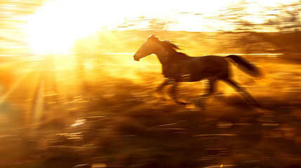 cavalo de silhueta correndo efeito de foto de desfoque de movimento, hora dourada - obrazy, fototapety, plakaty