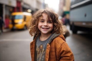 Portrait of a cute little boy with curly hair in the city
