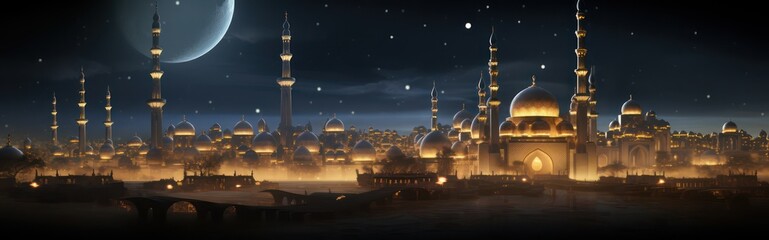 Panoramic mosque scene at night, with the theme of the month of Ramadan and Islamic holidays.