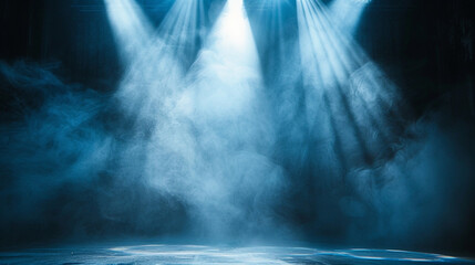 holofotes brilham no chão do palco dentro de uma sala escura, neblina flutua ao redor, ideia para plano de fundo, simulação de cenário Foto - obrazy, fototapety, plakaty