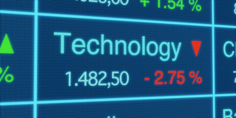 Technology sector stock index. Stock market data, technology stocks price information, percentage changes, blue screen. Stock exchange, business, trading board. 3D illustration