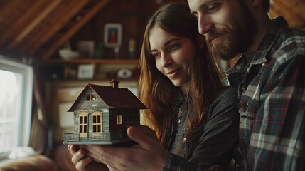Jovem feliz casal pobre segurando uma casa em miniatura na mão, dentro do interior da casa no fundo - obrazy, fototapety, plakaty