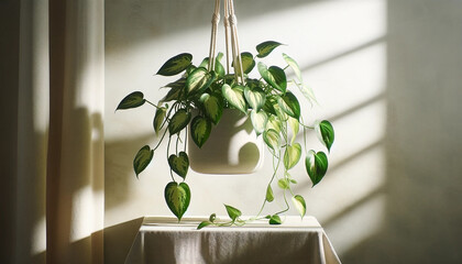 The Pothos hangs elegantly from a simple, modern white pot suspended by macrame hangers against a soft, neutral background - Generative AI