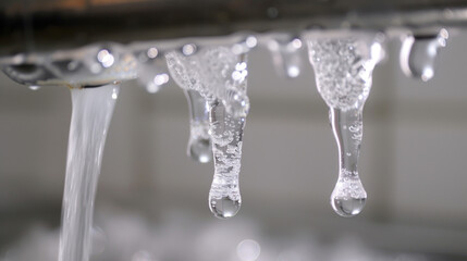 A closeup of the water dispenser droplets forming at the spout as the icy liquid pours out.
