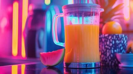 A clear glass container attached to the juicer allowing you to see the juice slowly filling up and overflowing with vibrant colors. - obrazy, fototapety, plakaty