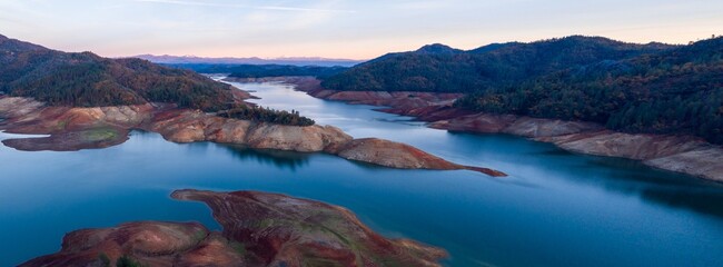 Reservoir of Lake Shasta in low water level in Shasta, California, United States.