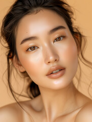 Obraz premium A close-up portrait of a young Asian woman with perfect makeup and a serene expression.