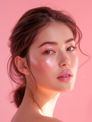 Fototapeta premium A young woman's portrait against a pink backdrop highlighting her youthful radiance and natural makeup.