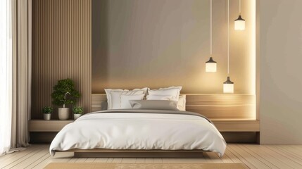 Fototapeta na wymiar Sleek Bedroom with Floating Nightstand and Pendant Lights