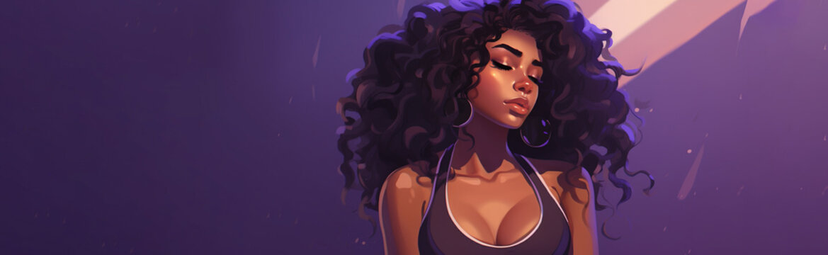 Cute brown skinned girl with curly hair and purple top posing with eyes closed on purple background illustration comic