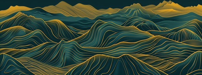 a golden background of mountains with dark lines on blue, in the style of minimalistic drawings, dark green, intricate imagery, minimalist illustrator, accurate topography - obrazy, fototapety, plakaty