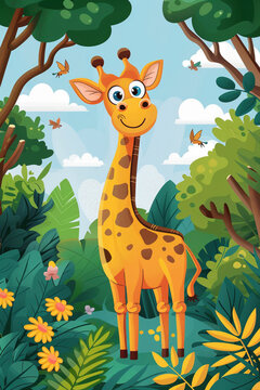 A happy giraffe in a natural habitat illustration