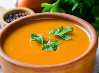 Pumpkin soup served on the table in bowl