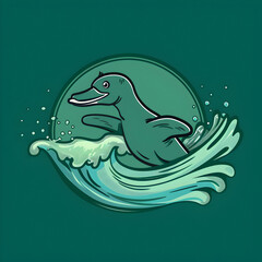 A logo illustration of a surfing platypus on green background. Created with generative AI.