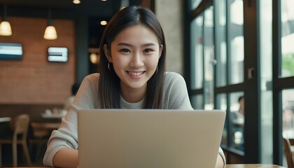 Young Asian woman using laptop, desktop, computer at home, office, cafe, restaurant, co working space. slasher, freelancer.