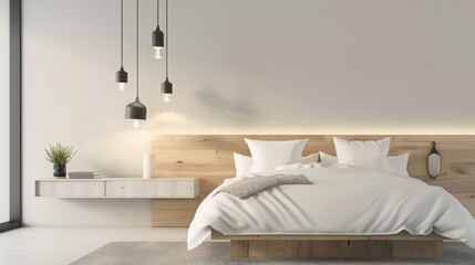 Serene Bedroom with Floating Nightstand and Pendant Lights