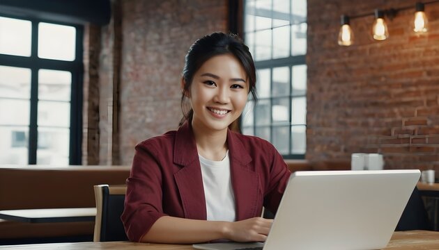 Young Asian woman using laptop, desktop, computer at home, office, cafe, restaurant, co working space. slasher, freelancer.