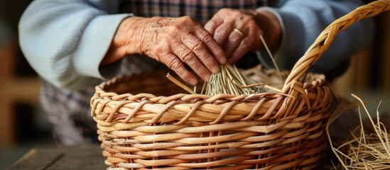 Creating a wicker basket with their hands. - obrazy, fototapety, plakaty