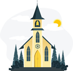 Vector Illustration of a Traditional Church Nestled Amidst Nature. Soft yellow hues and elegant Architectural design. You can use for banner, poster, website, social media.