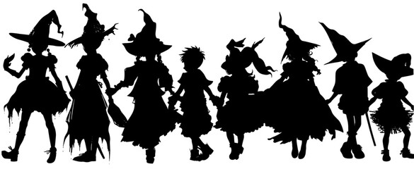 silhouettes of people with halloween characters.