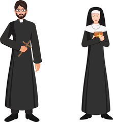 Catholic priest and nun vector illustration isolated on white. Priest holding cross rood and nun holding a bible. Full length portrait.