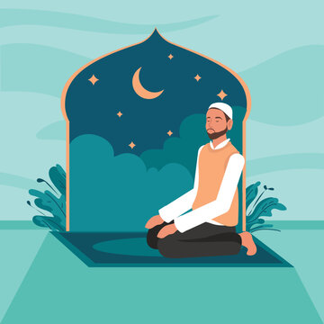 Vector Illustration of a Muslim Man Engaged in Prayer. Young person on his knees praying salat or namaz on a carpet in front of islamic background. Ramadan Kareem, Islamic holiday concepts.