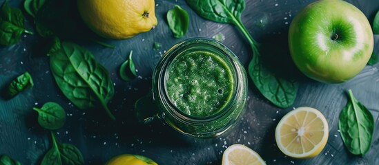 Vegan detox smoothie made with fresh green spinach, apple, and lemon in a jar.