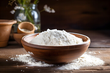 Fototapeta na wymiar Raw Aesthetic: Freshly Milled Flour in a Rustic Wooden Bowl on a Time-Worn Wooden Table