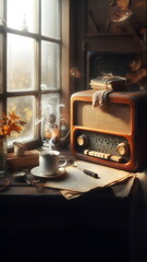 an old radio and a steaming cup of coffee beside the window