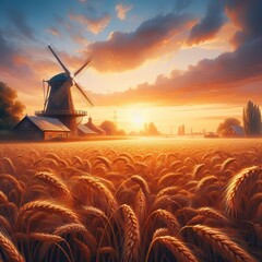 Windmill and wheat field on a farm, beautiful landscape