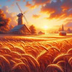 Poster Windmill and wheat field on a farm, beautiful landscape © ST 3Design