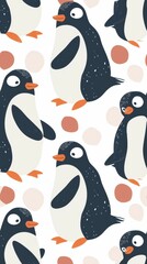 Penguins seamless pattern. Wave,fish,snowflakes. Watercolor hand drawn illustration.