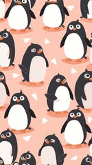 Penguins seamless pattern. Wave,fish,snowflakes. Watercolor hand drawn illustration.