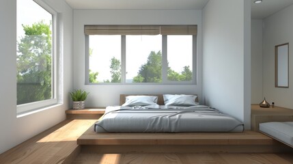 Minimalist Bedroom with Platform Bed and Window Seat AI Generated.