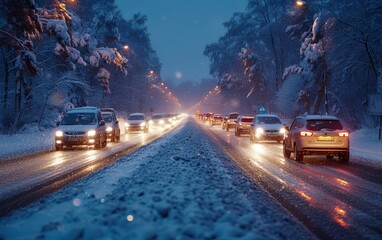 Obraz premium Traffic jam caused by heavy snowfall.