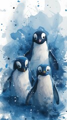 Penguins watercolor illustration isolated on white background.
