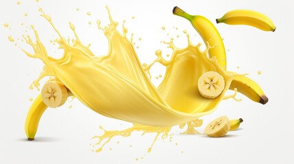 banana fruit with splash of banana juice isolated on transparent background