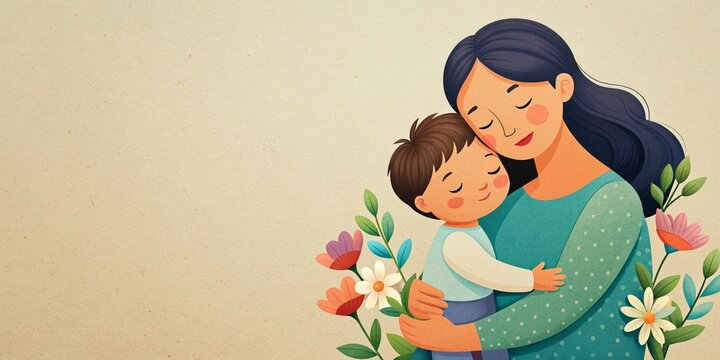 Mother and Child Hug with Flower, Copy Space, Mother's Day, mothers love