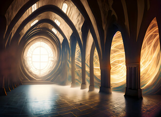 Abstract  inside empty monastery, light swirling lines on digital art concept, Generative AI.