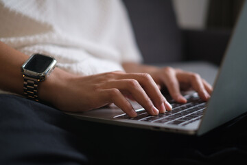 Businessman's hands are finger point to Searching for information. Using laptop with your website....