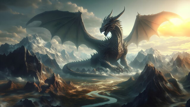 colossal, ancient dragon perches on a mountaintop, with a vast, sprawling fantasy world visible in the background, emphasizing the creature's majesty and power