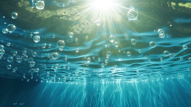 Underwater view background with air bubbles and sunlight. natural water concept.