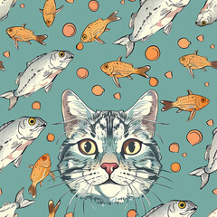 Cat and fish seamless pattern.