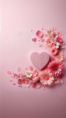 Mother's day or valentine's day background. Pink background with a heart and flowers with petals