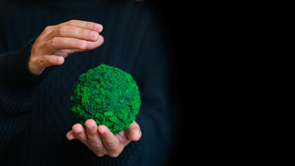 Earth Day In the hands holding green earth in dark Background. tree on ball. Saving environment,...