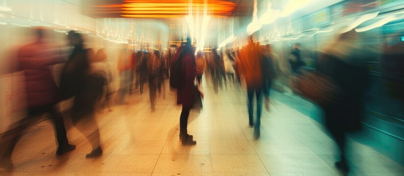 Blurred travelers at the subway station.