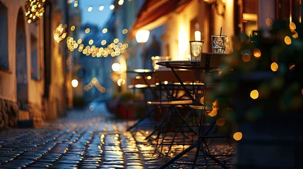 Rolgordijnen Old european town street cafe at night : Generative AI © Generative AI