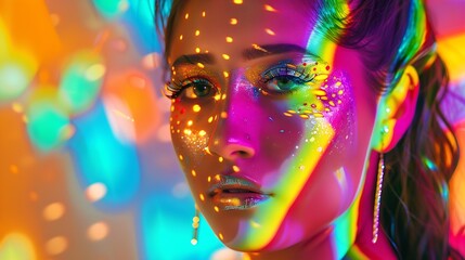 High Fashion model woman in colorful bright lights posing portrait of beautiful sexy girl with...