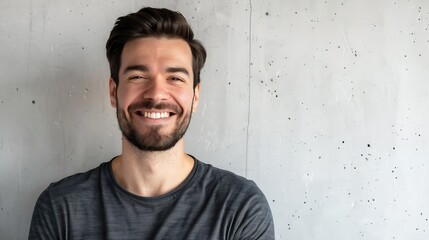 Headshot of satisfied cheerful handsome man grins at camera glad to find suitable well paid job isolated over white concrete background People positive emotions and facial expressions  : Generative AI